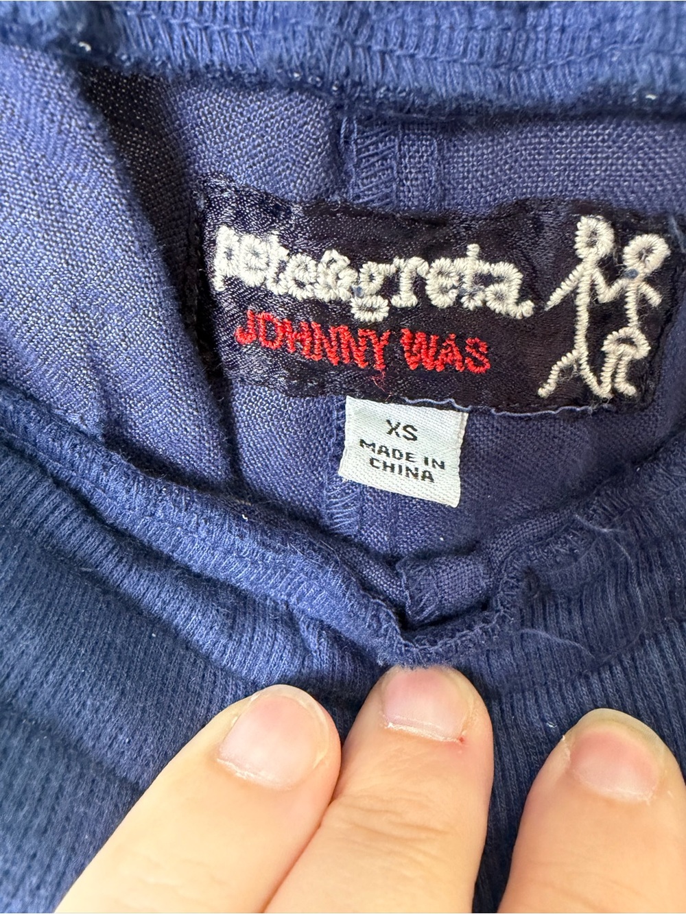 HTF JOHNNY WAS Pete & Greta Blue Travel Stamp Embroidered Linen Joggers Size XS - Picture 5 of 7
